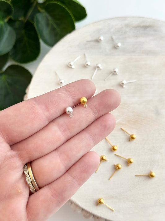 5mm Ball Earring Posts - Gold or Silver (10pc)