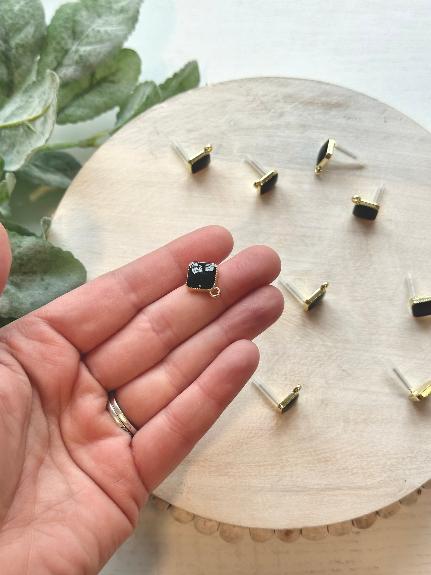 Black Enamel Diamond Earring Post - Gold (10pc)