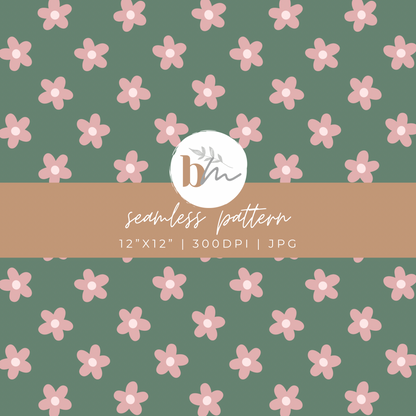 Sage Green and Pink Retro Flowers | Digital Seamless Pattern