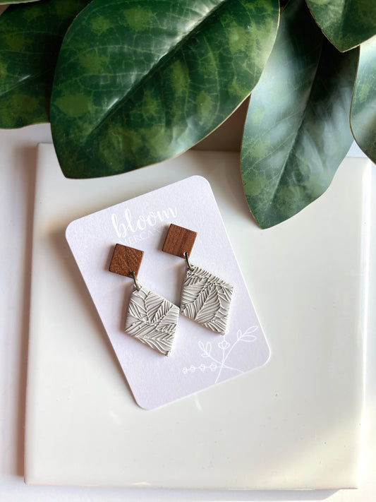 Leaf Textured Gray Diamond Dangles with Wood Post | Fall Earrings